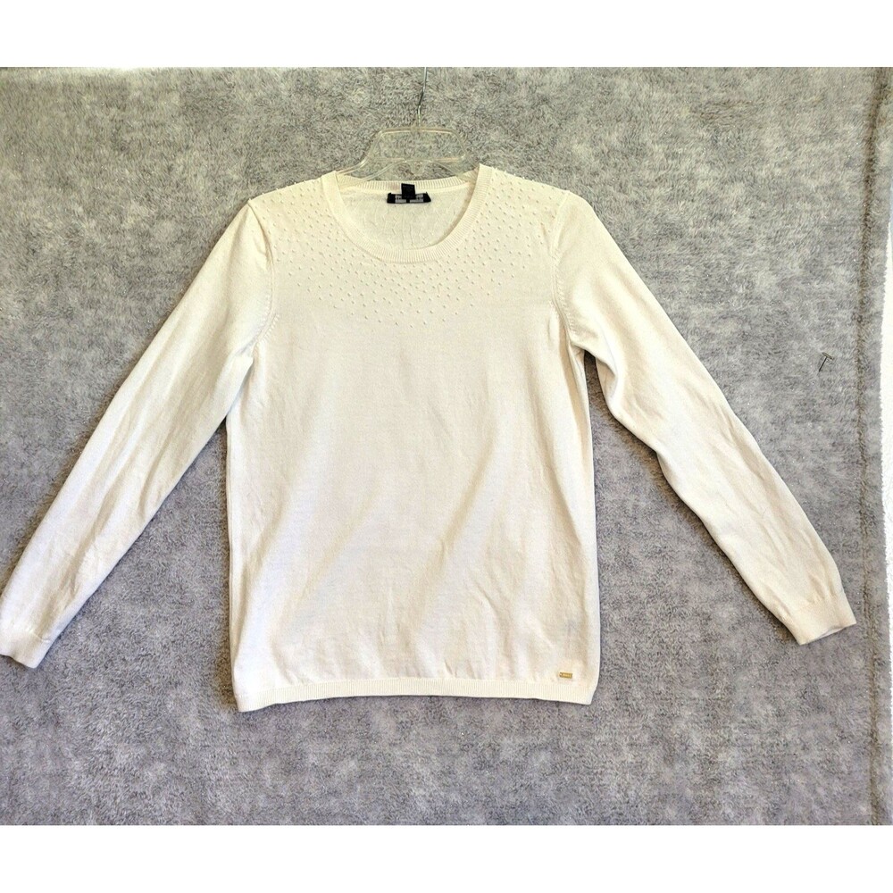 Tommy Hilfiger Sweater Women Medium White Beaded Pullon Quiet Luxury Light Weigh